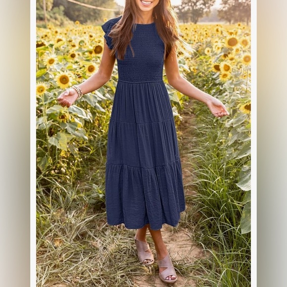 MEROKEETY  Flutter Short Sleeve Smocked Midi  Summer Casual Tiered A-Line Dress - Picture 7 of 8